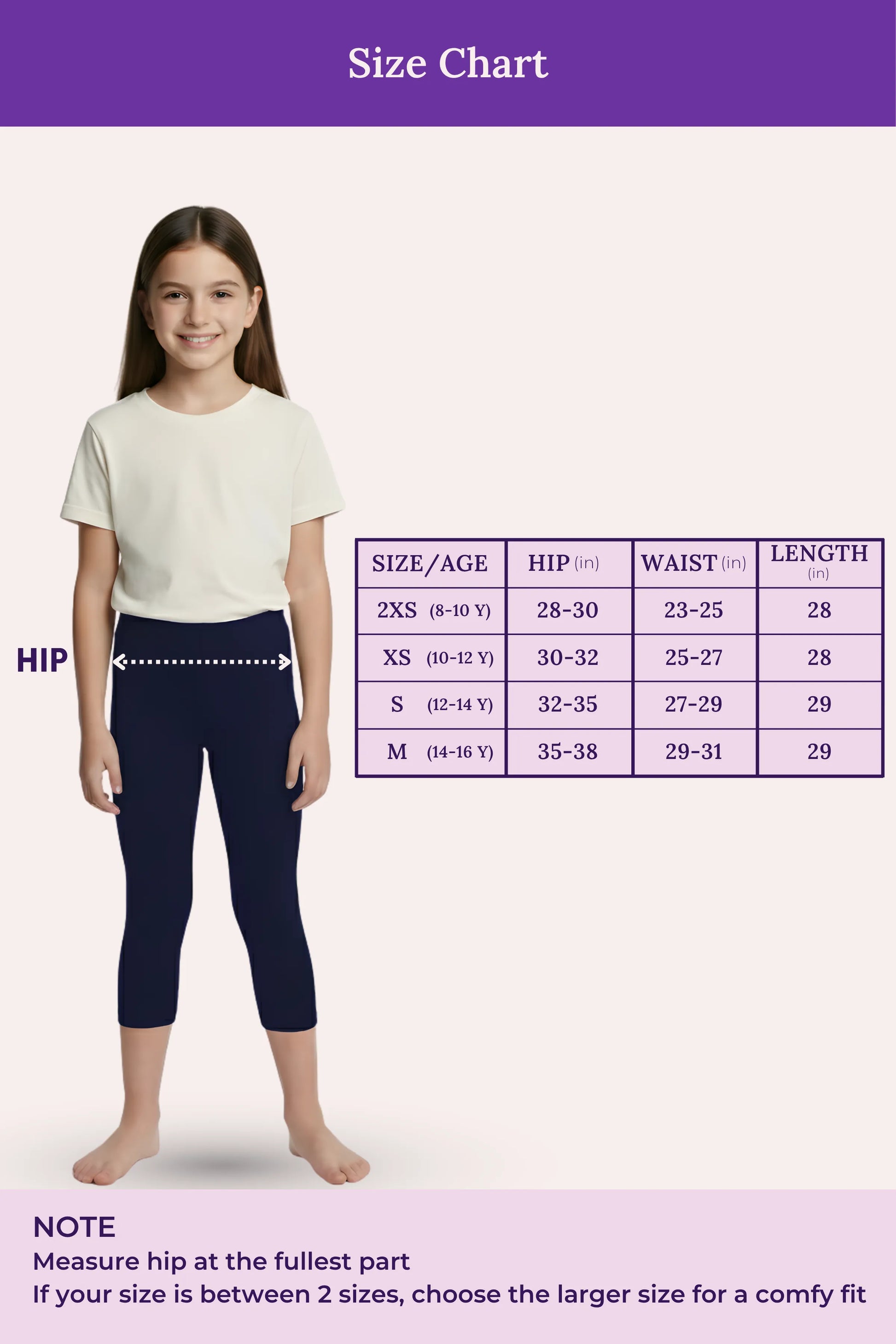 Size chart for teen wearing leggings -color- Navy blue