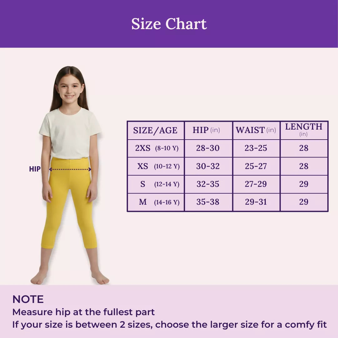Size Chart For Teen Cropped Leggings-Yellow