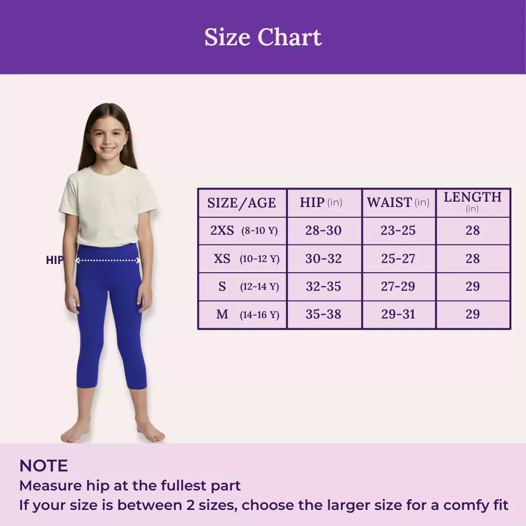 Size Chart For Teen Cropped Leggings Royal Blue