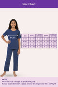 Size chart for teen clothing with a girl wearing a airforce navy pyjama outfit.