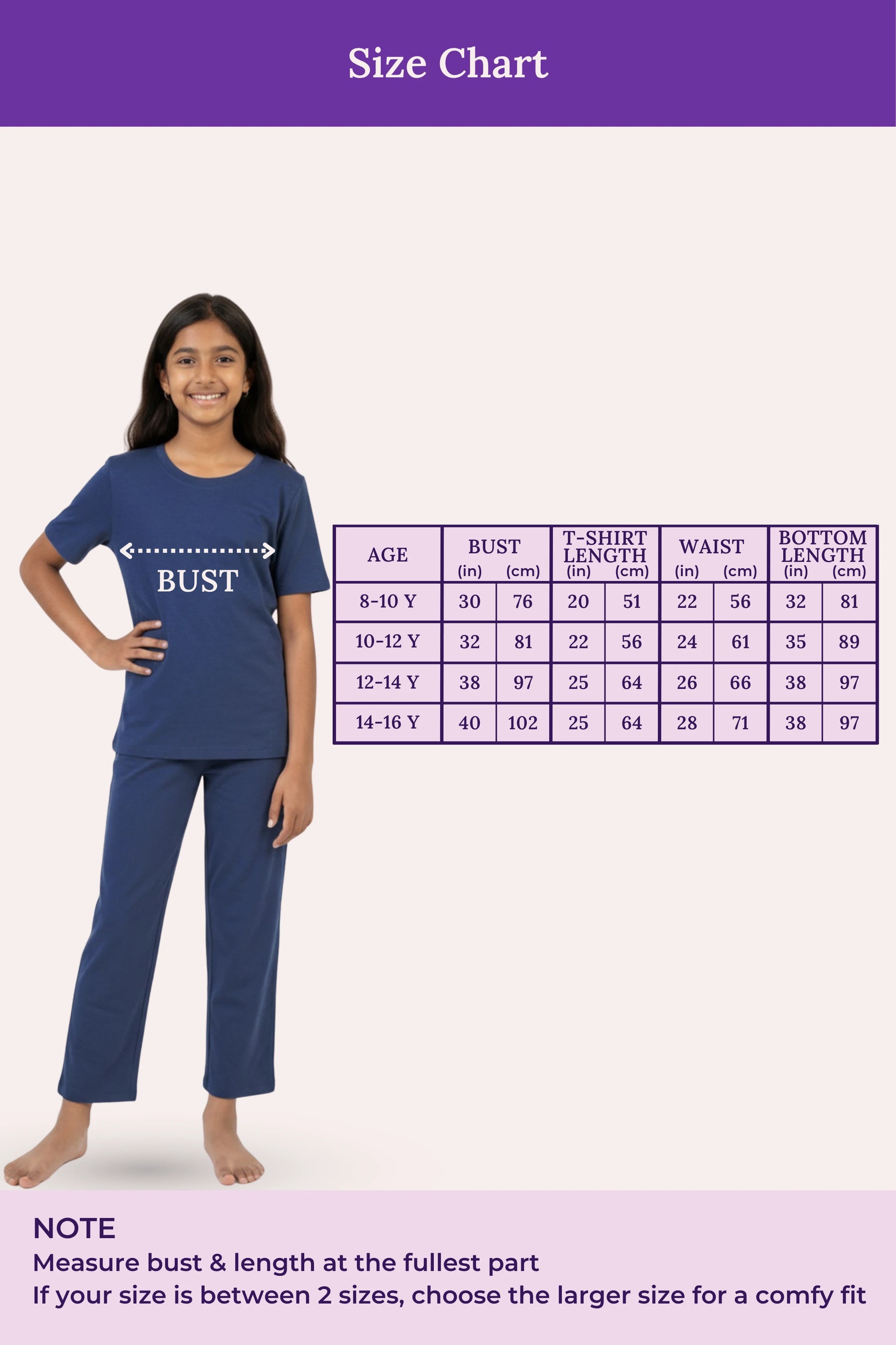 Size chart for teen clothing with a girl wearing a airforce navy pyjama outfit.