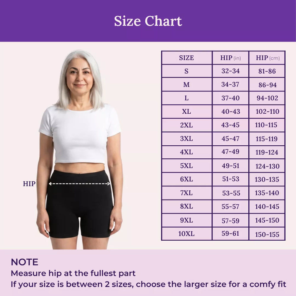 Size chart with a woman standing next to a measurement guide on a purple background