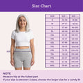 Size chart with a woman standing next to a measurement guide on a purple background
