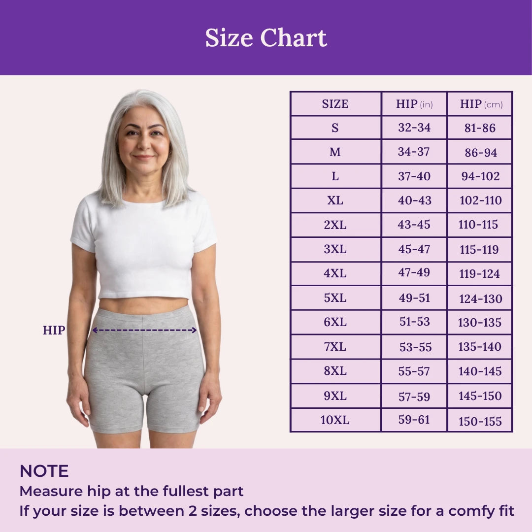 Size chart with a woman standing next to a measurement guide on a purple background