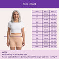 Size chart with a woman standing next to a measurement guide on a purple background