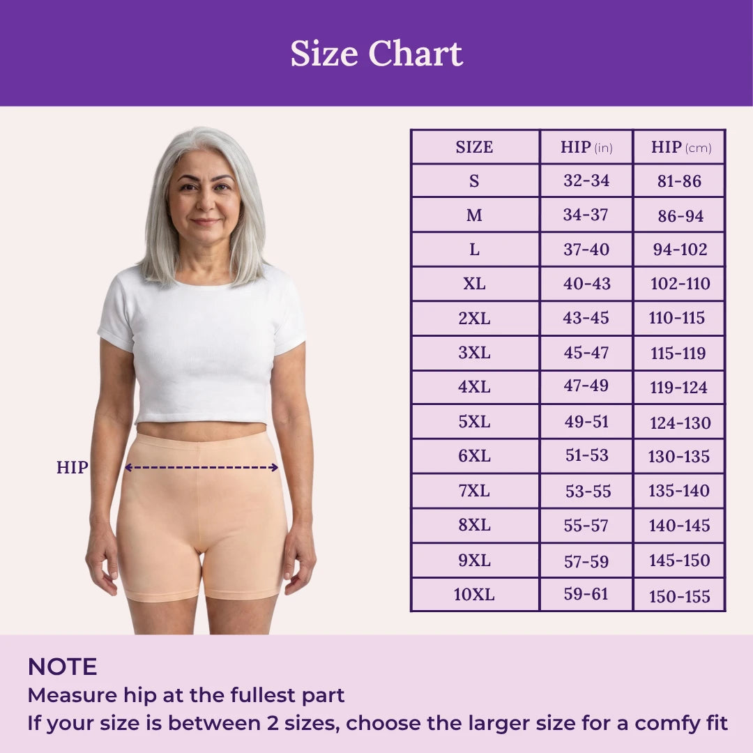 Size chart with a woman standing next to a measurement guide on a purple background