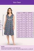 Size chart for a v-neck night gowns with a model wearing the dress and measurements on a purple background