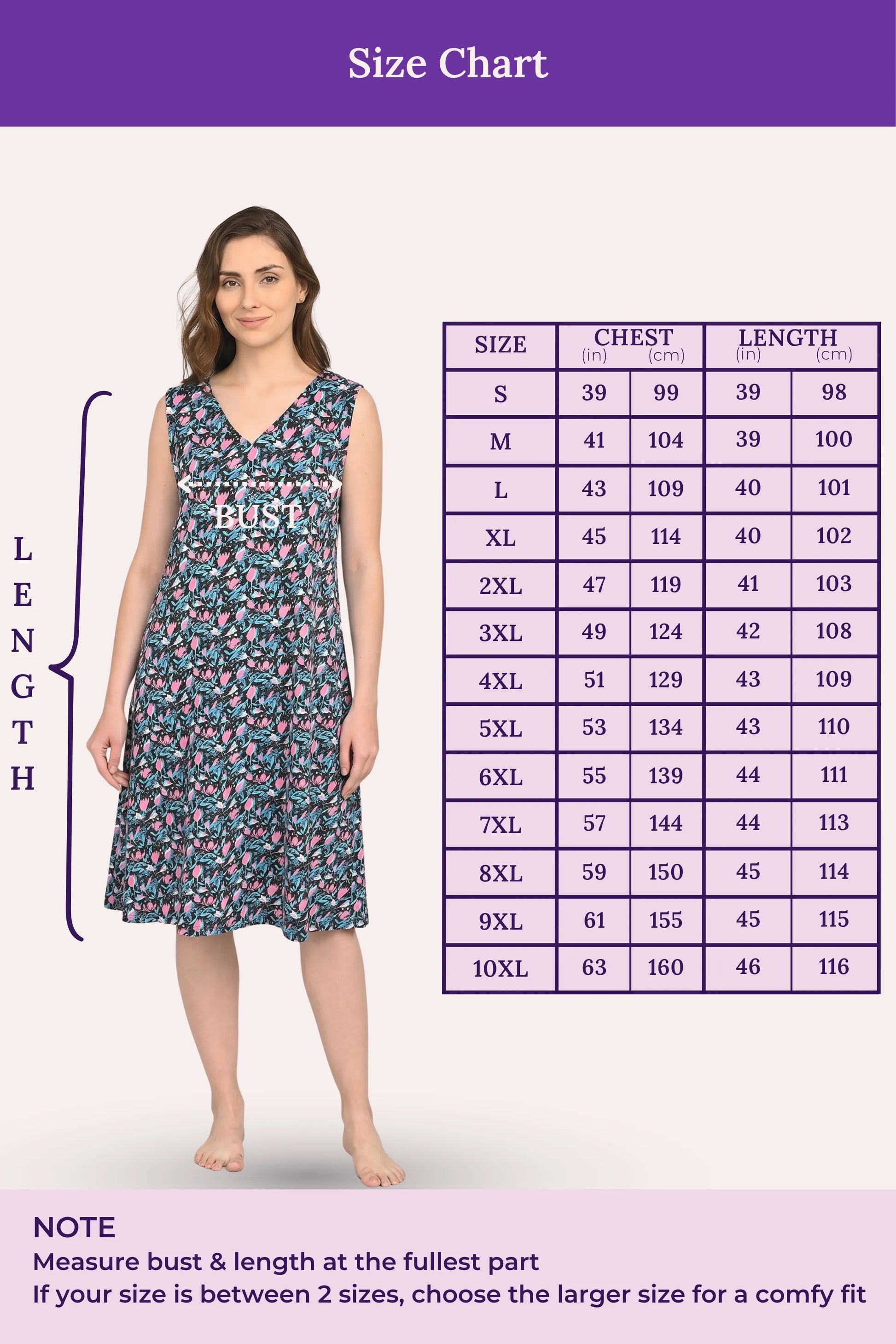 Size chart for a v-neck night gowns with a model wearing the dress and measurements on a purple background