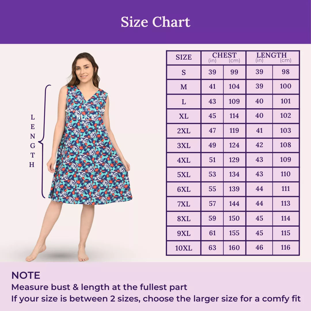 Size chart for a dress with a model wearing the v neck night gowns and measurements listed.