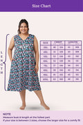 A size chart for a sleeveless black floral dress, showing a size measurements