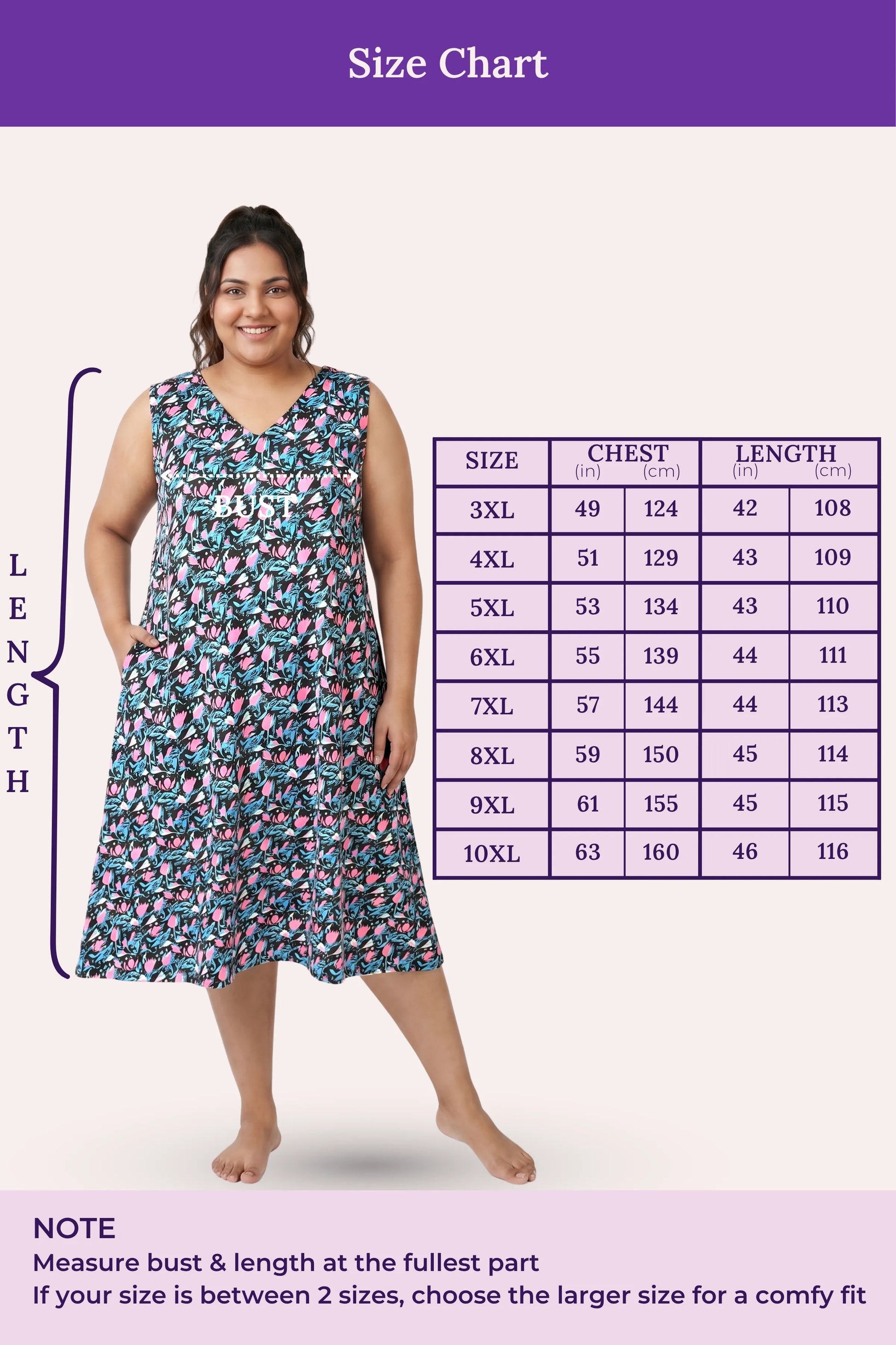 A size chart for a sleeveless black floral dress, showing a size measurements