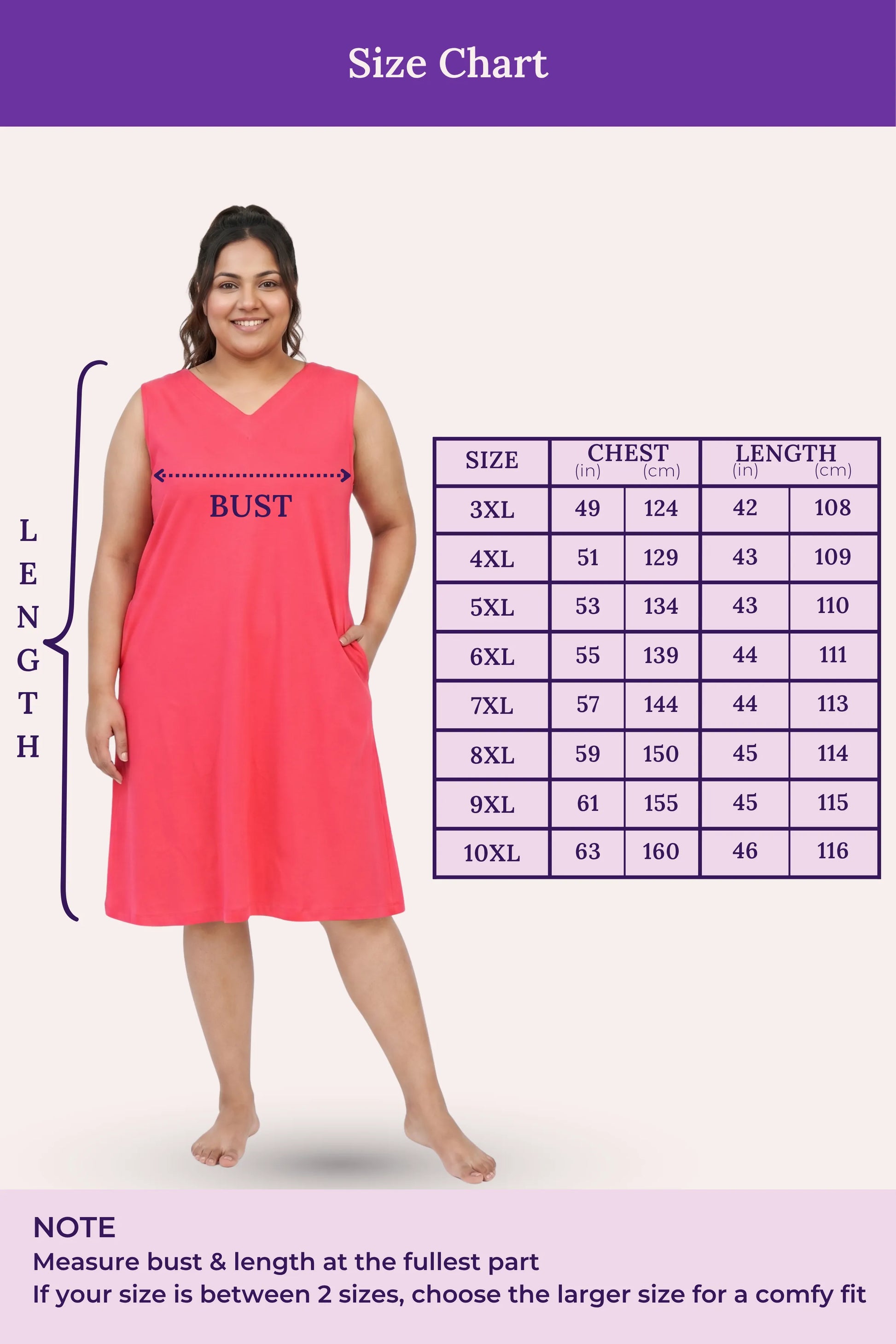 A size chart showing a woman modeling a sleeveless dark pink dress with a measurements.