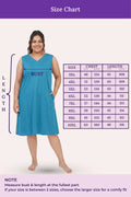 A size chart for a sleeveless V-neck dress, showing a model wearing the dress with measurement guides.