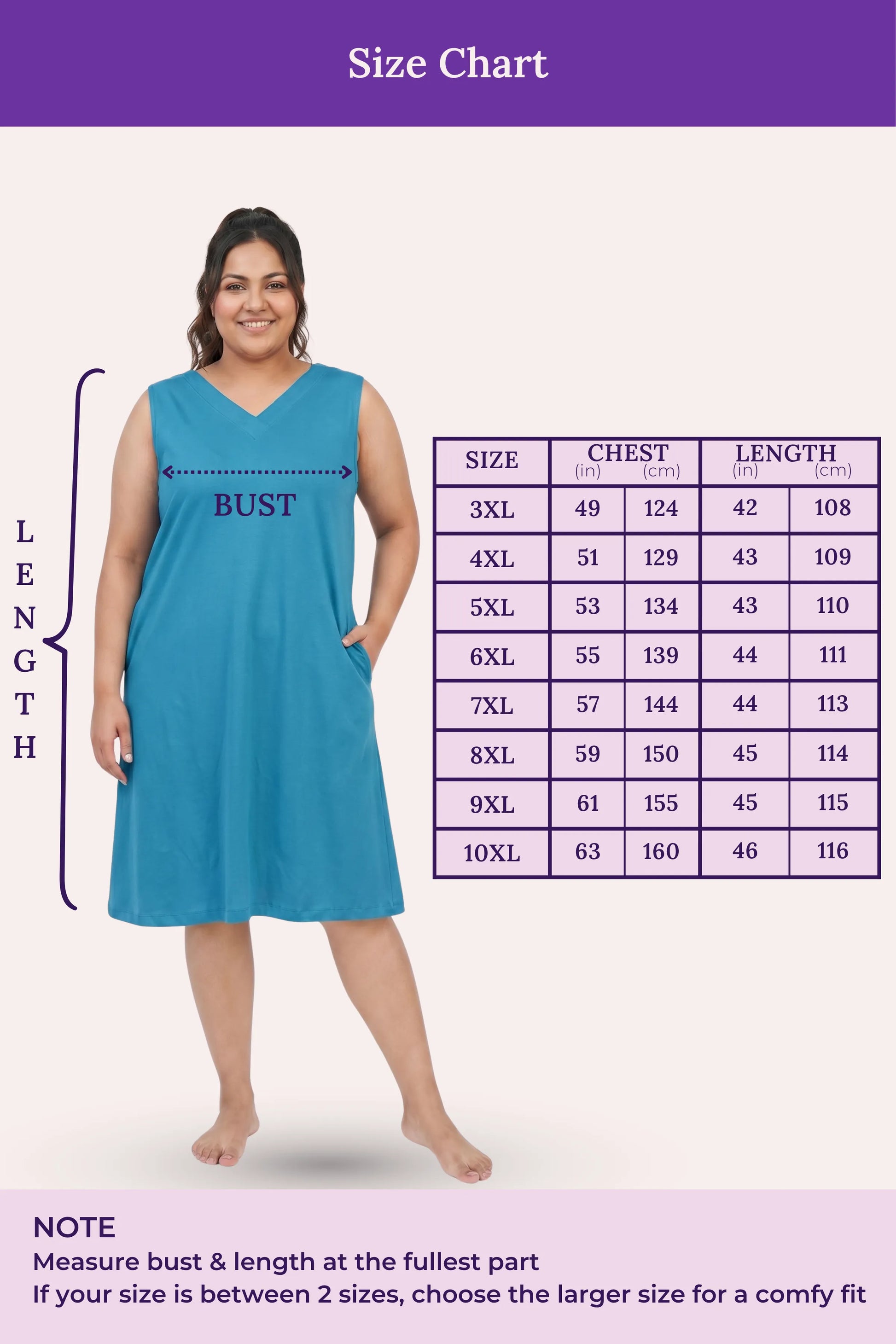 A size chart for a sleeveless V-neck dress, showing a model wearing the dress with measurement guides.