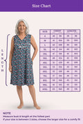 A size chart for a sleeveless black floral dress, showing a size measurements.
