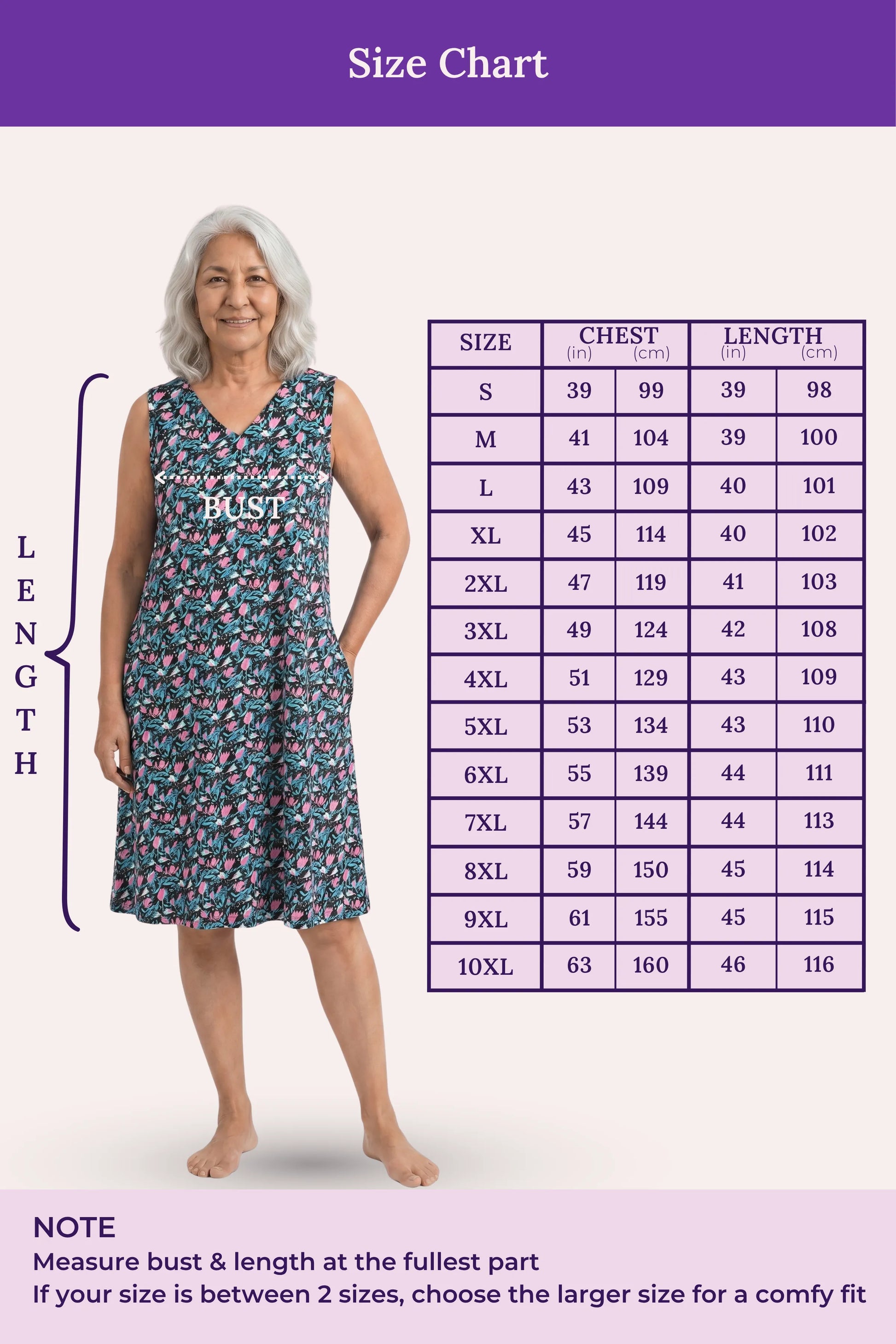 A size chart for a sleeveless black floral dress, showing a size measurements.