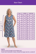 A size chart for a sleeveless floral nightgown, showing a size measurements.