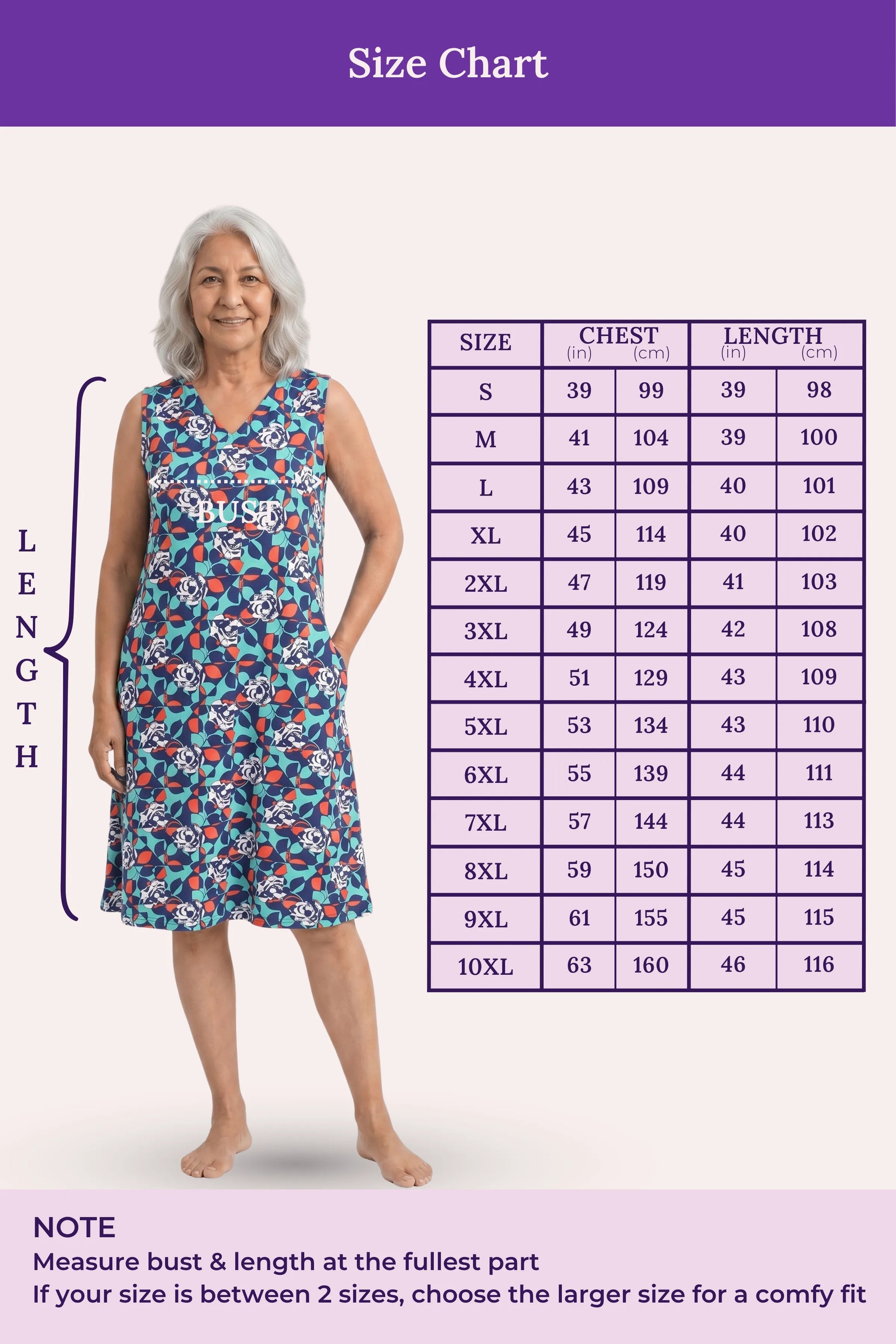 A size chart for a sleeveless floral nightgown, showing a size measurements.