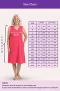 A size chart for a sleeveless dark pink dress, showing a size measurements.