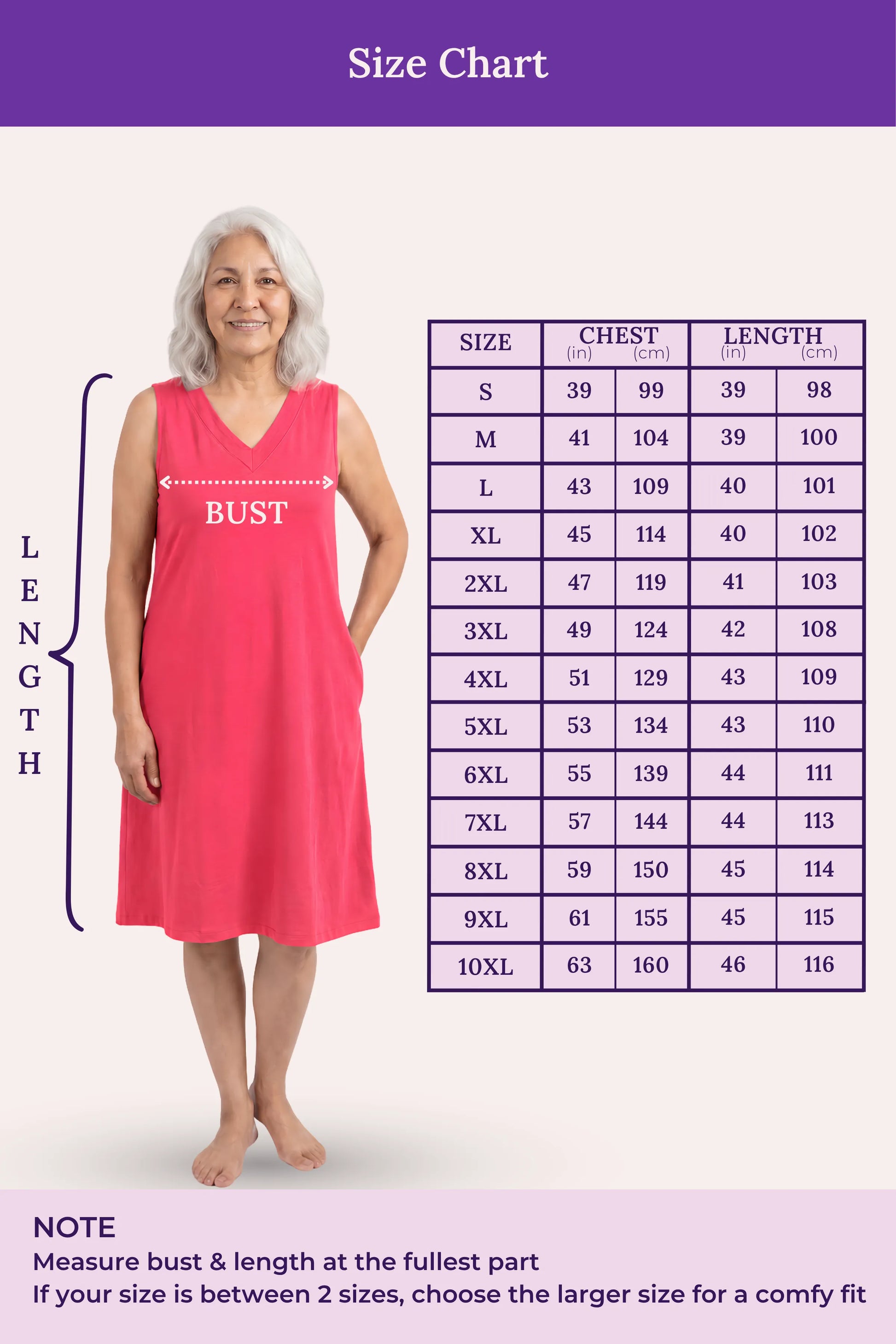 A size chart for a sleeveless dark pink dress, showing a size measurements.