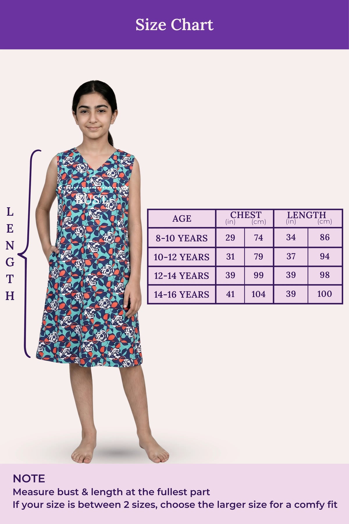 Size Chart For V-Neck Night Gowns Teen Blue Floral AOP