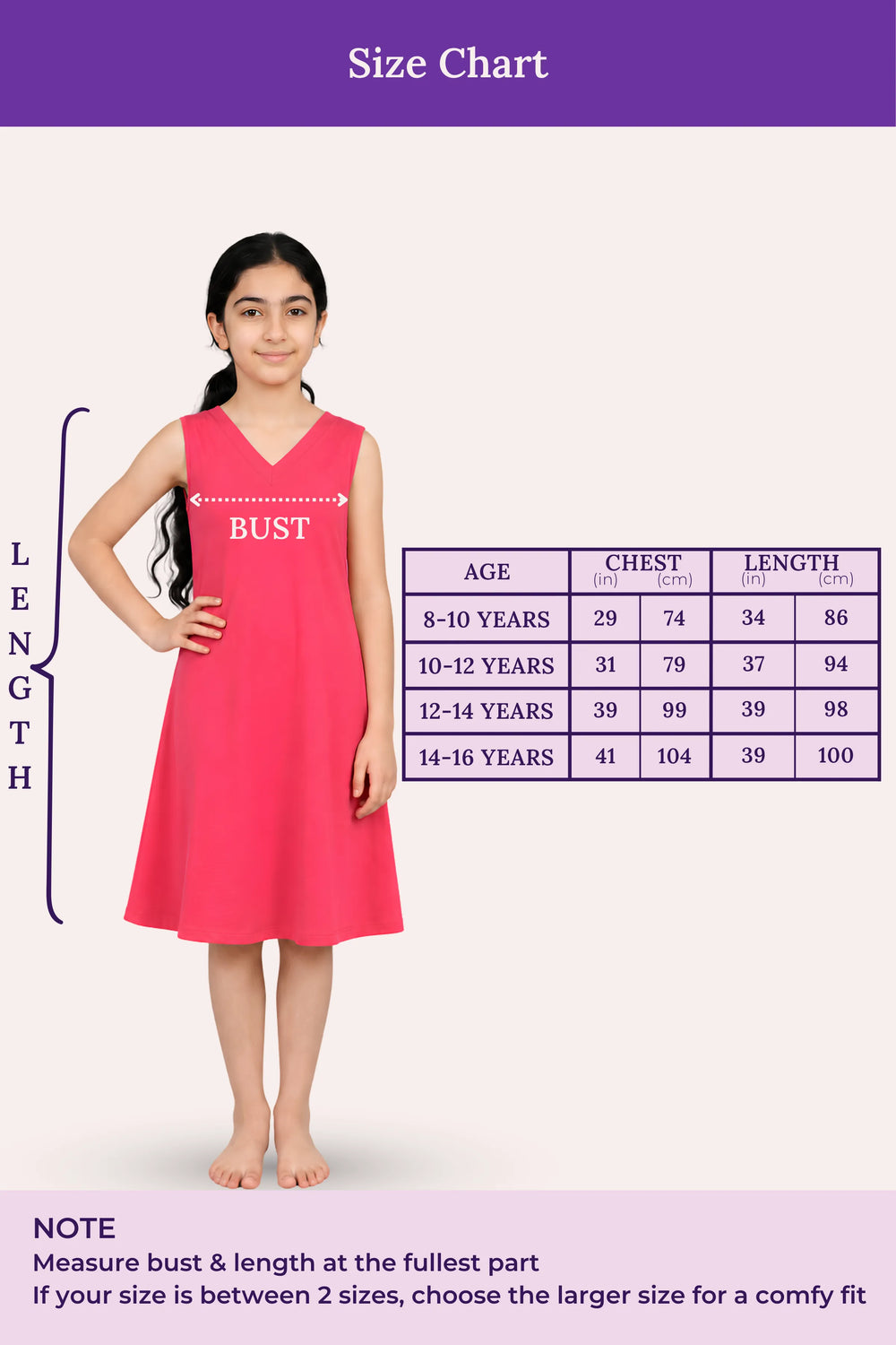 Size Chart For V-Neck Night Gowns Teen Dark Pink