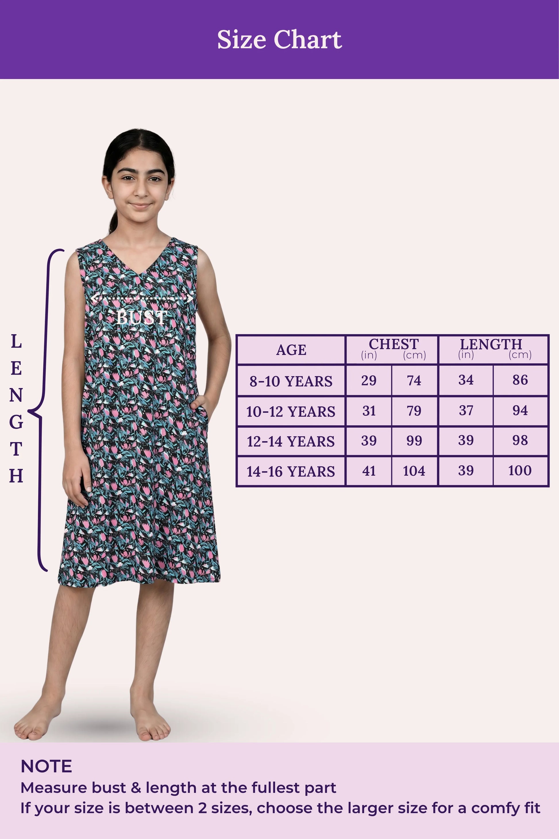 Size Chart For V-Neck Night Gowns Teen Multicolor