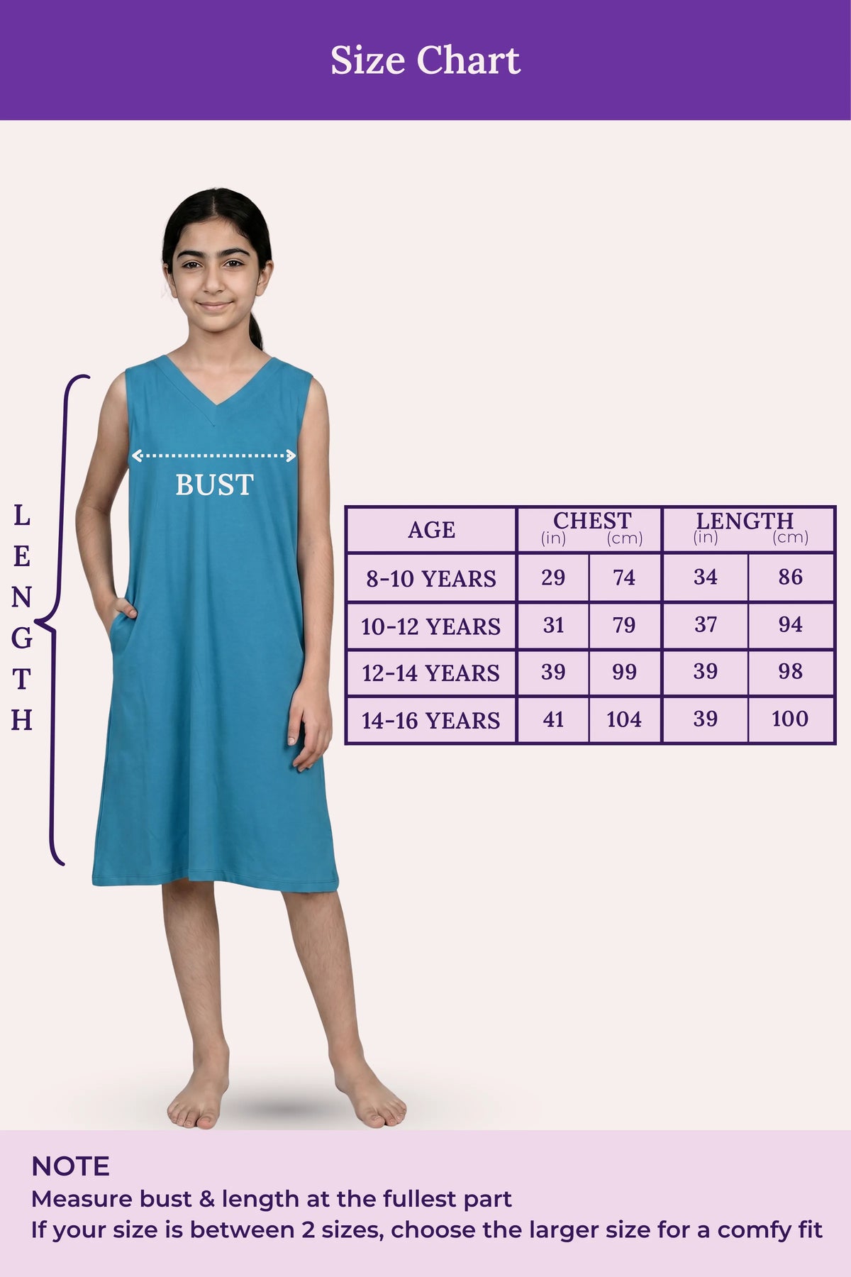 Size Chart For V-Neck Night Gowns Teen Peacock Blue