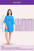 Woman wearing a bright blue dress with a size chart on a purple background