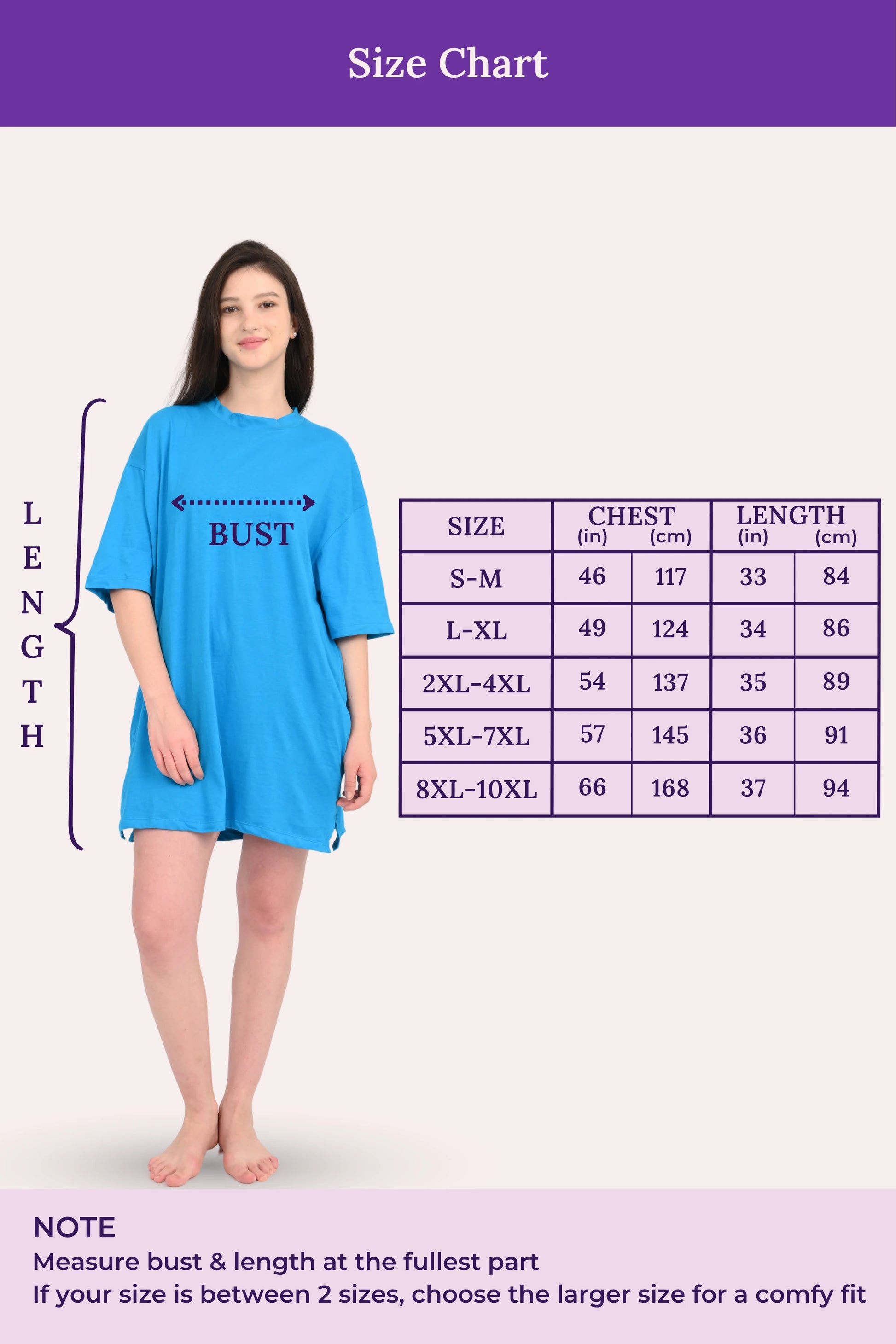 Woman wearing a bright blue dress with a size chart on a purple background