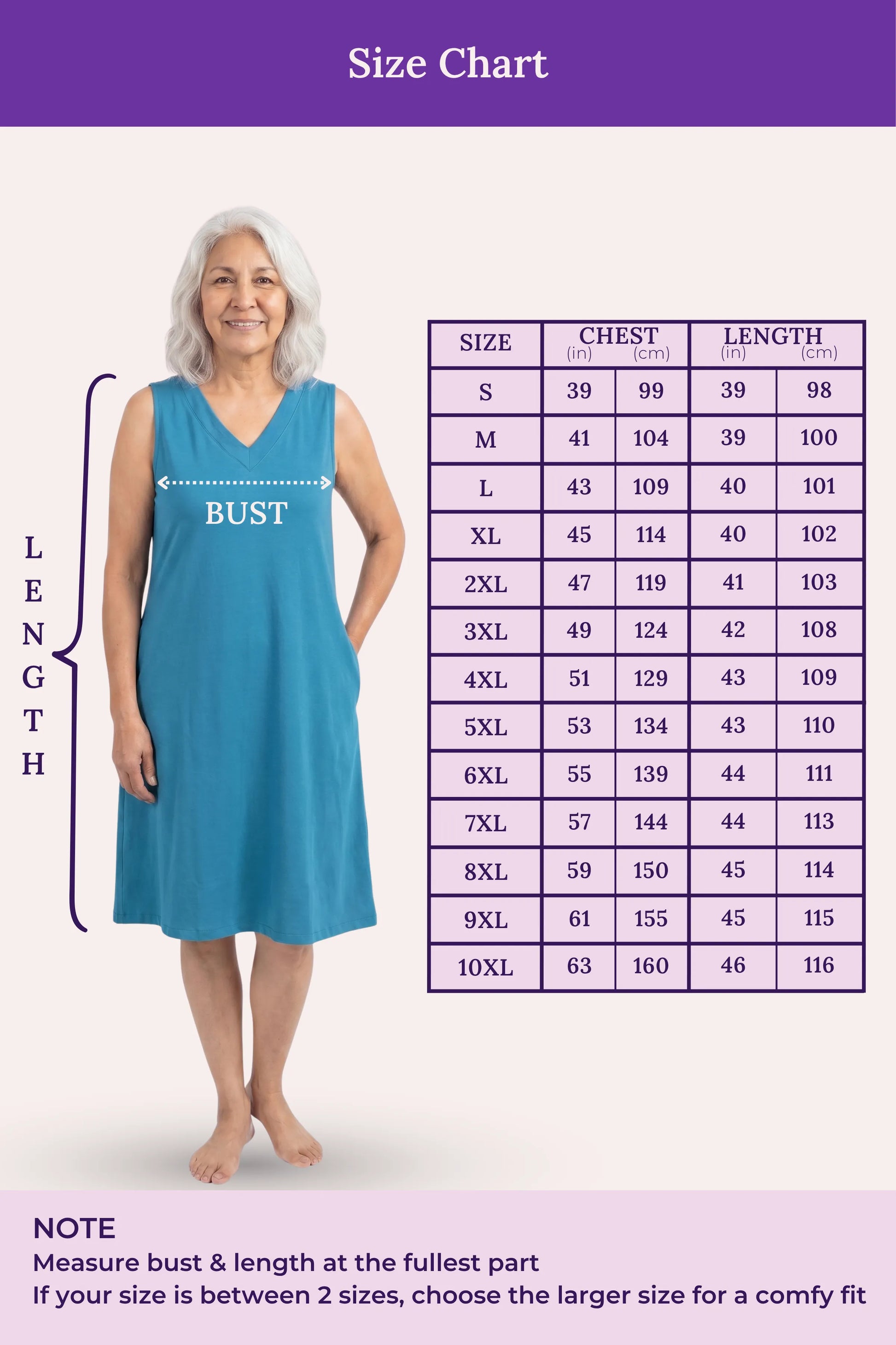 Woman wearing a peacock blue nightgown with a size chart