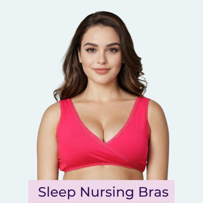 Woman wearing a pink sleep nursing bra on a light gray background