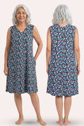 A elder woman shown from the front and back wearing a sleeveless knee-length dress with black floral print.