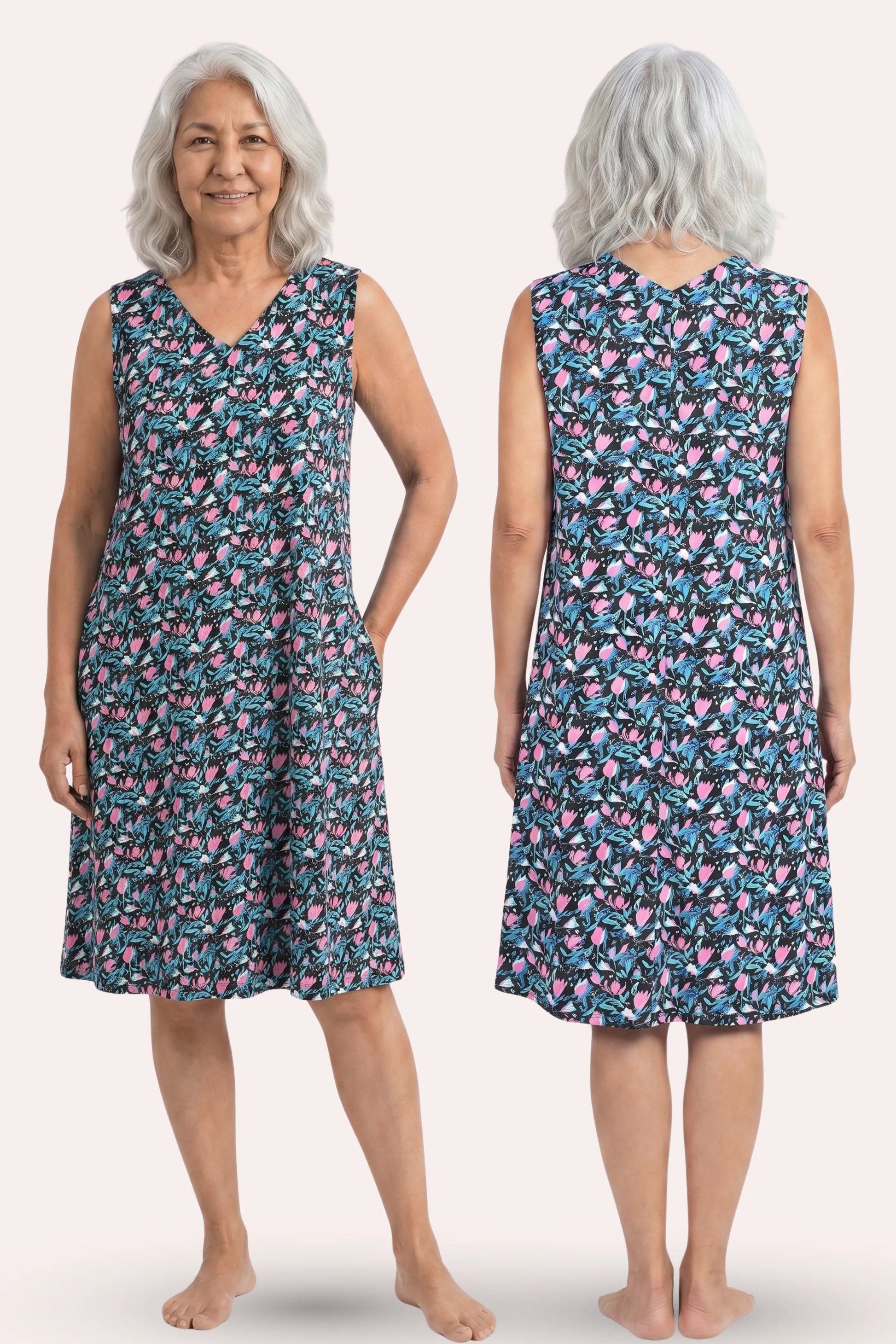 A elder woman shown from the front and back wearing a sleeveless knee-length dress with black floral print.