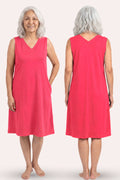 A woman model a sleeveless V-neck nightgown dark pink, shown both the front and back view