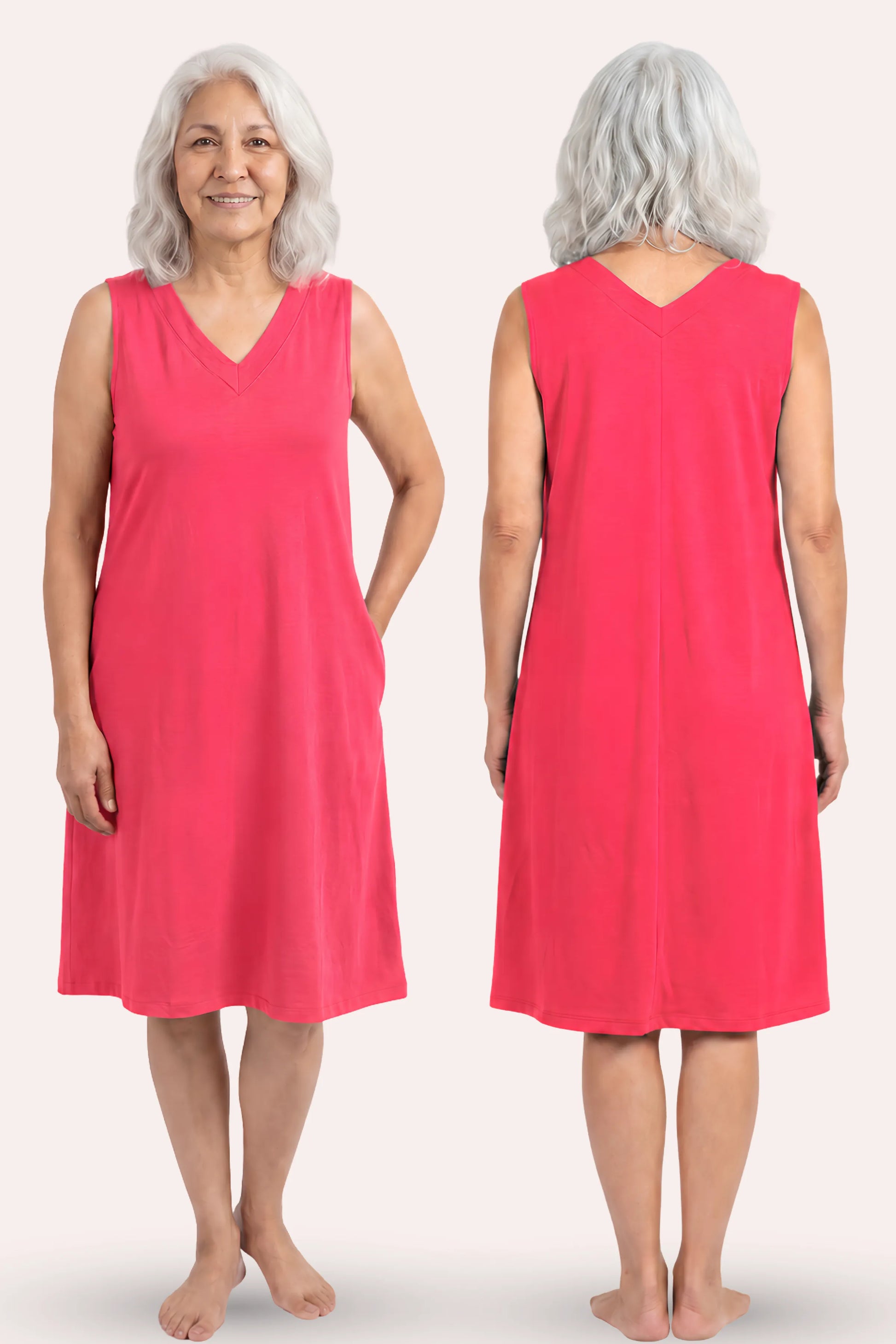 A woman model a sleeveless V-neck nightgown dark pink, shown both the front and back view