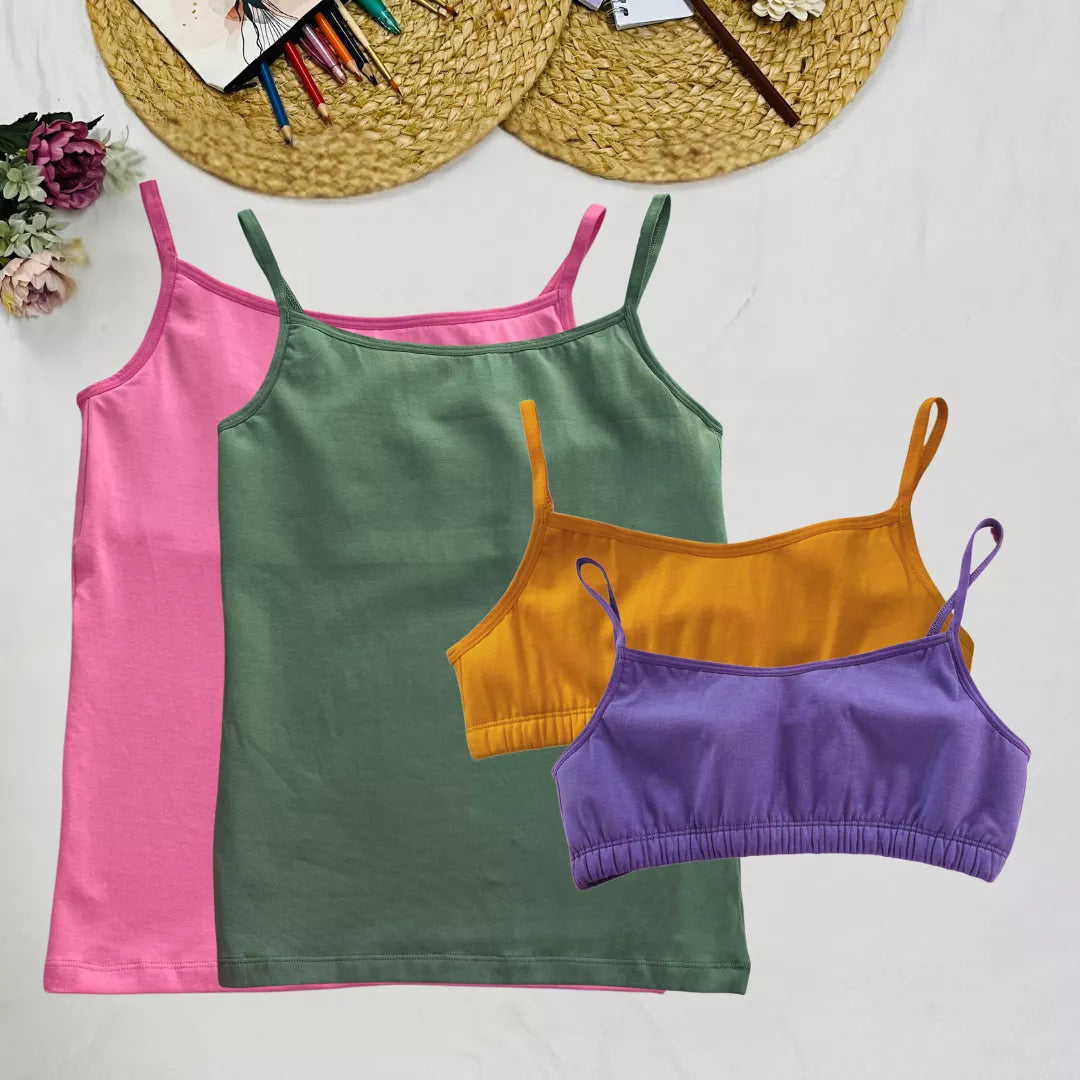 Starter Cami & Bra Combo Flamingo Pink, Sea Green, Mustard & Lavender