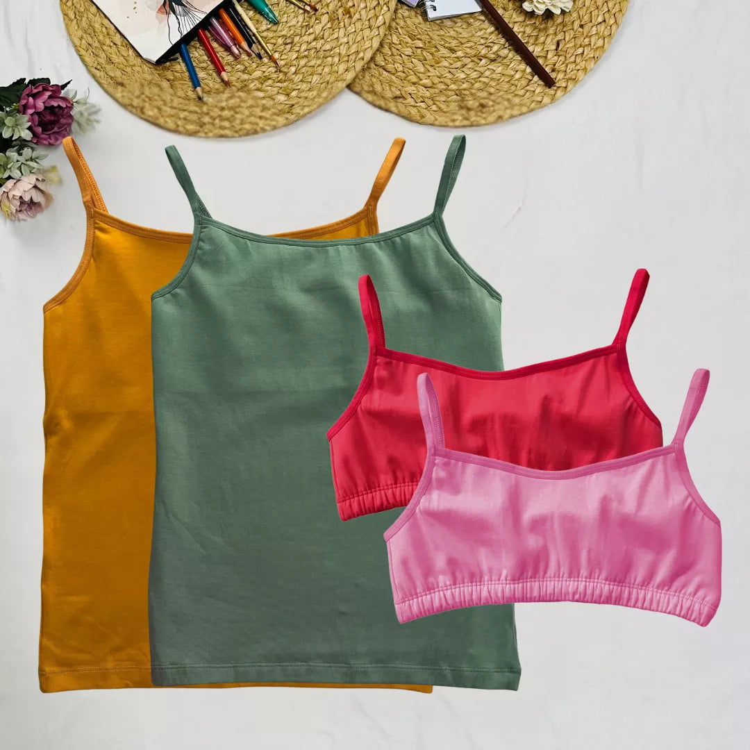 Starter Cami & Bra Combo Mustard, Sea Green, Light Coral & Flamingo Pink
