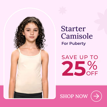 Young girl wearing a beige starter camisole with promotional text 'SAVE UPTO 25% OFF' on a pink background