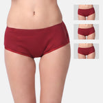 A model wearing maroon boxer, with three smaller inset images on the right showing the same boxer from different angles against a light gray background.