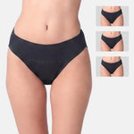 Black hipster shown on a cropped female model torso, with three smaller inset views of the same product on the right side against a light gray background
