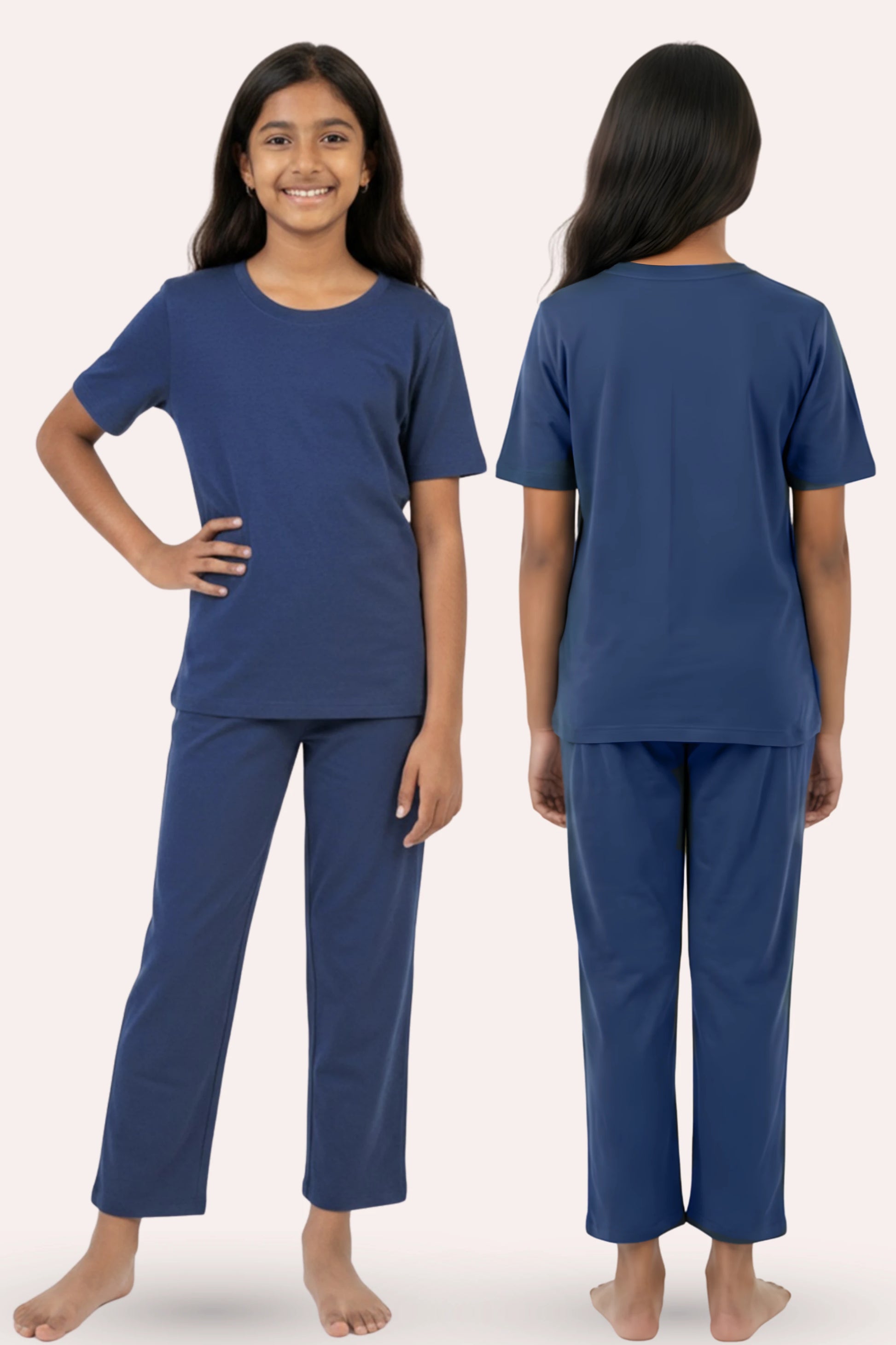 Two views of a person wearing airforce navy pajama set