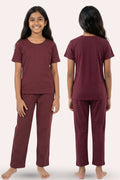 Wine pajama set worn by a girl, shown from front and back
