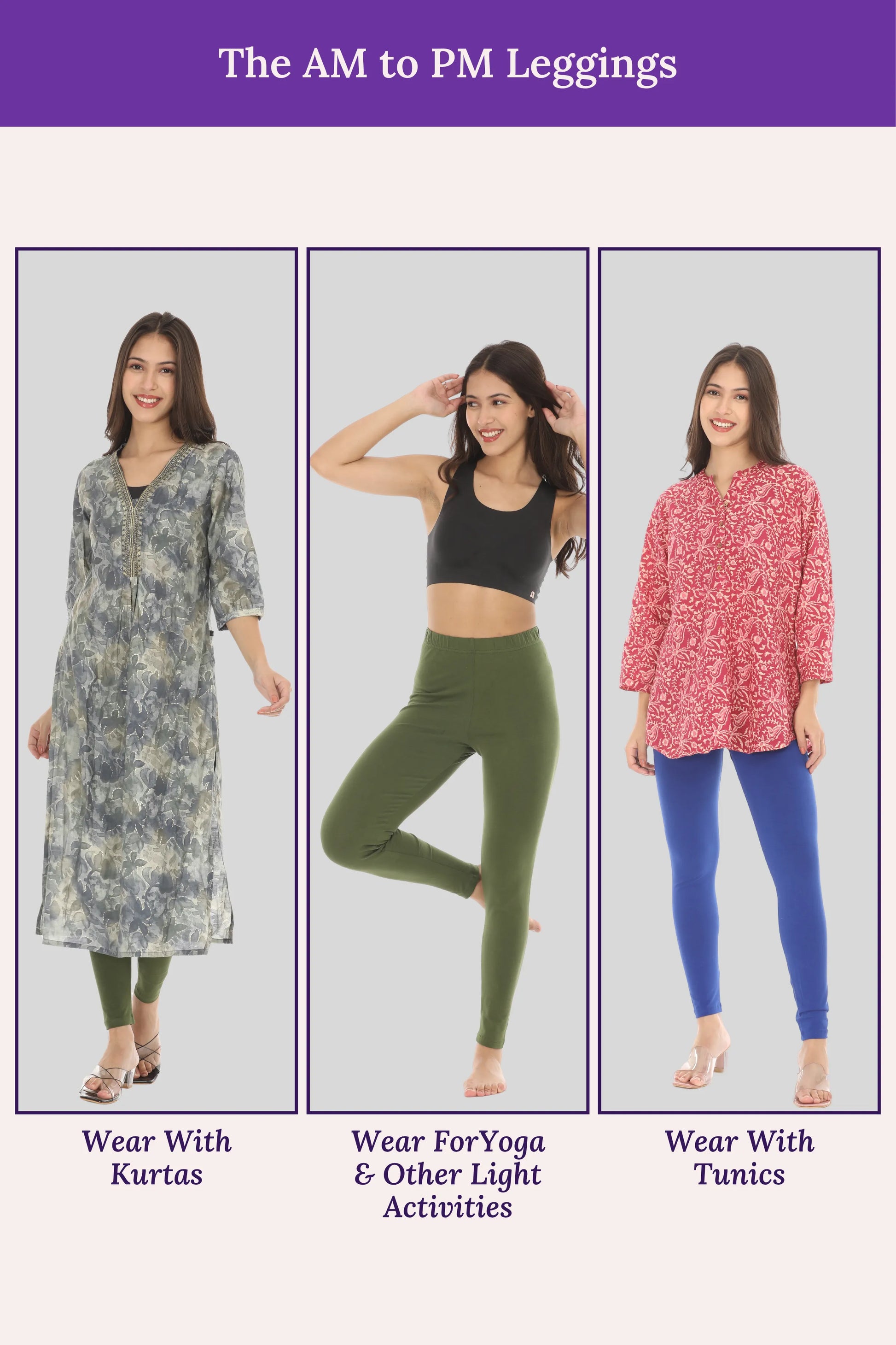 Three women wearing different outfits with text indicating outfit suggestions