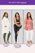 Three women modeling leggings with different outfits on a white background.