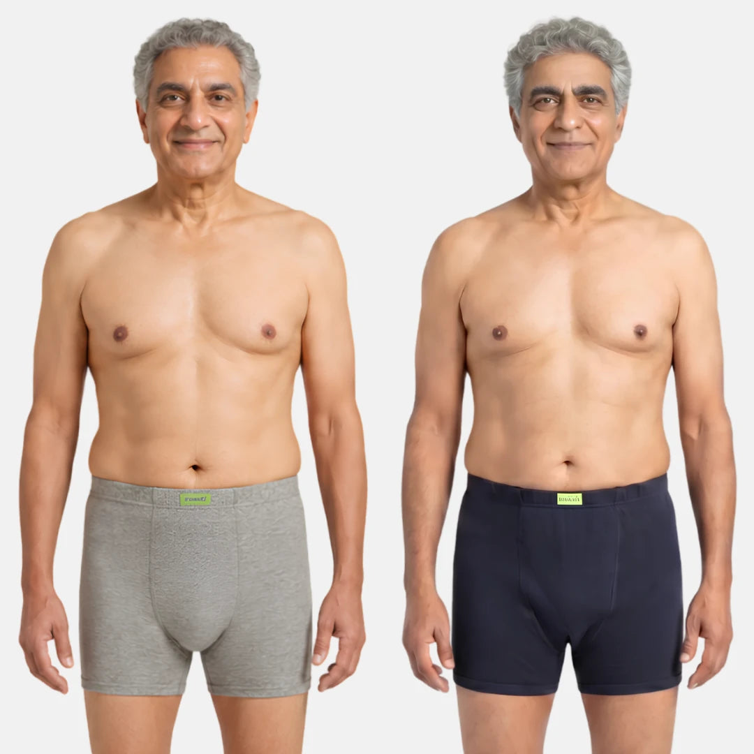 Men Wearing Incontinence Trunks Of Grey & Navy Blue Color