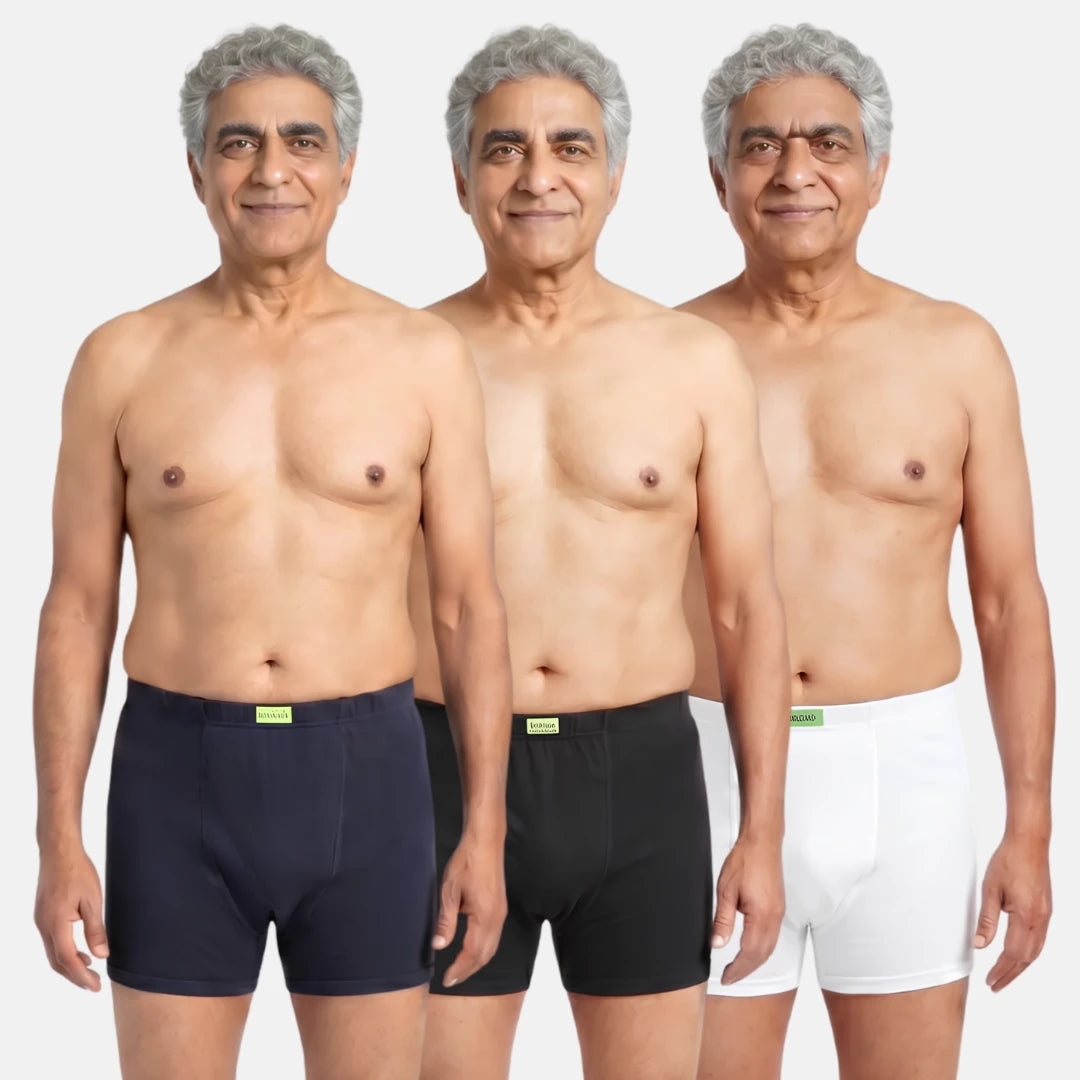 Men Wearing Incontinence Trunks Of Navy Blue, Black & White Color Pack Of 3