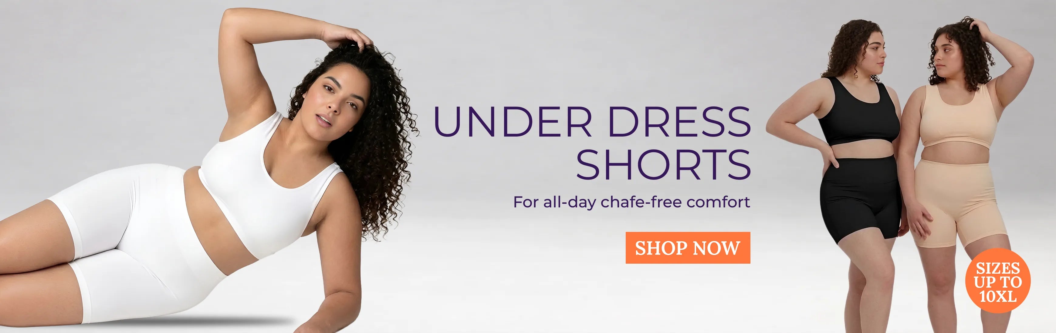 Woman wearing white under dress shorts with promotional text on a gray backgroundslider_item_jER3t8
