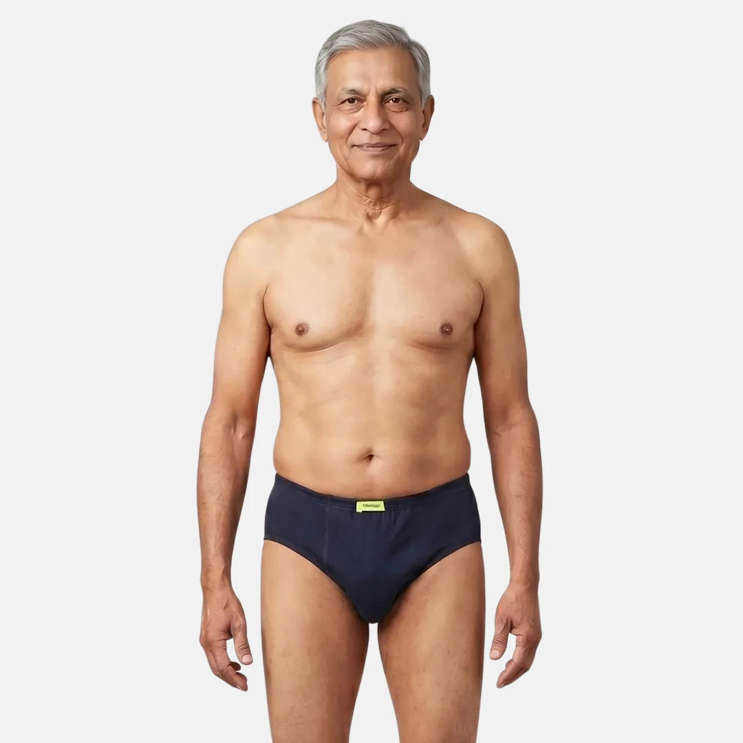 Men Wearing Incontinence Briefs Of Navy Blue Color