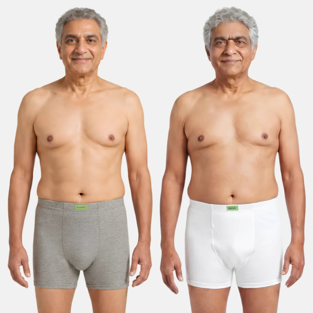 Men Wearing Incontinence Trunks Of Grey & White Color